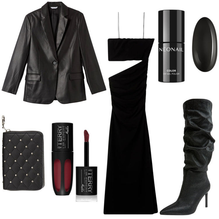 Outfit donna - Zombie elegante. Stile Rock per Serata fuori. Abbinamento con rossetti, smalti, vestiti lunghi, blazer, stivali, portafogli.