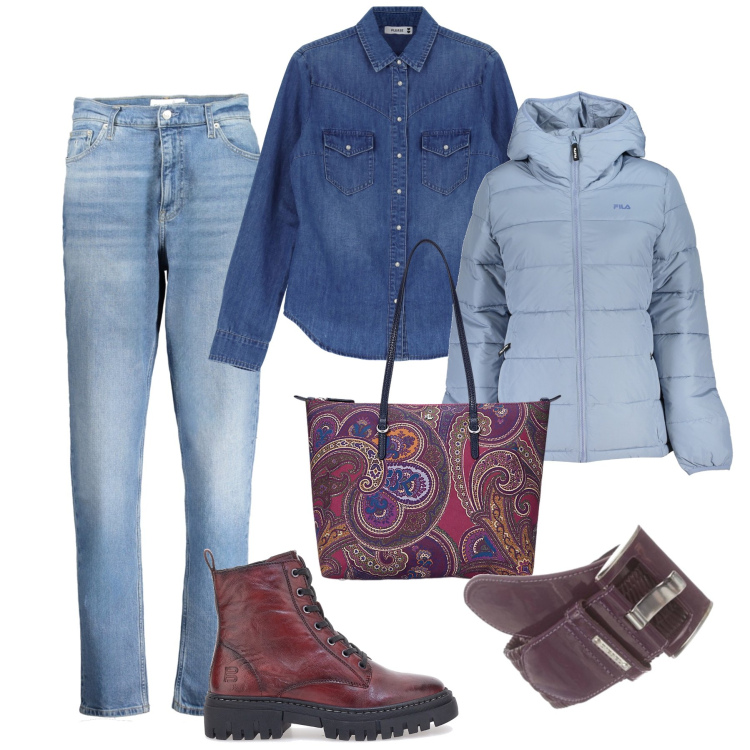 Outfit donna - Easy denim day. Stile Casual per Tutti i giorni. Abbinamento con camicie, borse tote, anfibi, blazer, cinture, jeans mom.