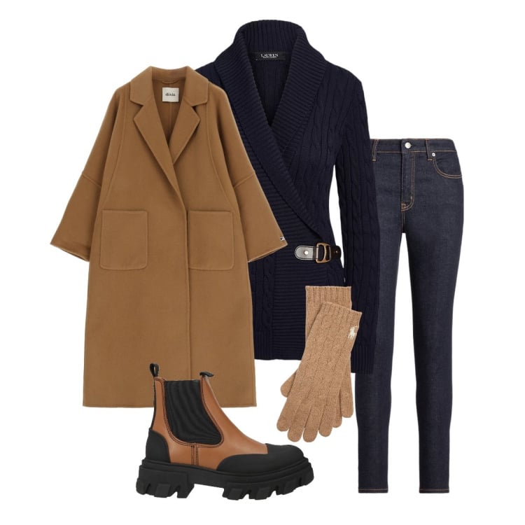 Outfit donna - Comfort zone. Stile Casual per Tutti i giorni. Abbinamento con stivaletti, cappotti, maglieria, jeans skinny, guanti.