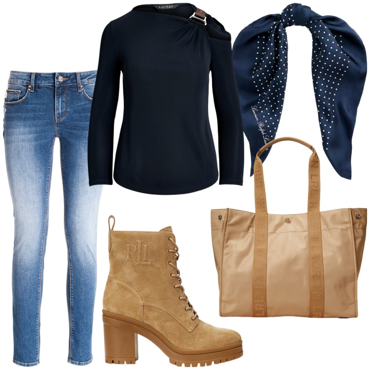 Outfit donna - Total look #1982677. Stile Casual chic per Tutti i giorni. Abbinamento con jeans skinny, foulard, maglieria, stivaletti, borse tote.