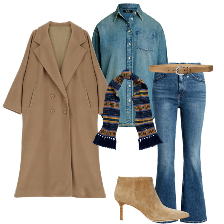 Outfit donna - Denim su denim. Stile Casual per Serata fuori. Abbinamento con cappotti, jeans, stivaletti, camicie, cinture, sciarpe.