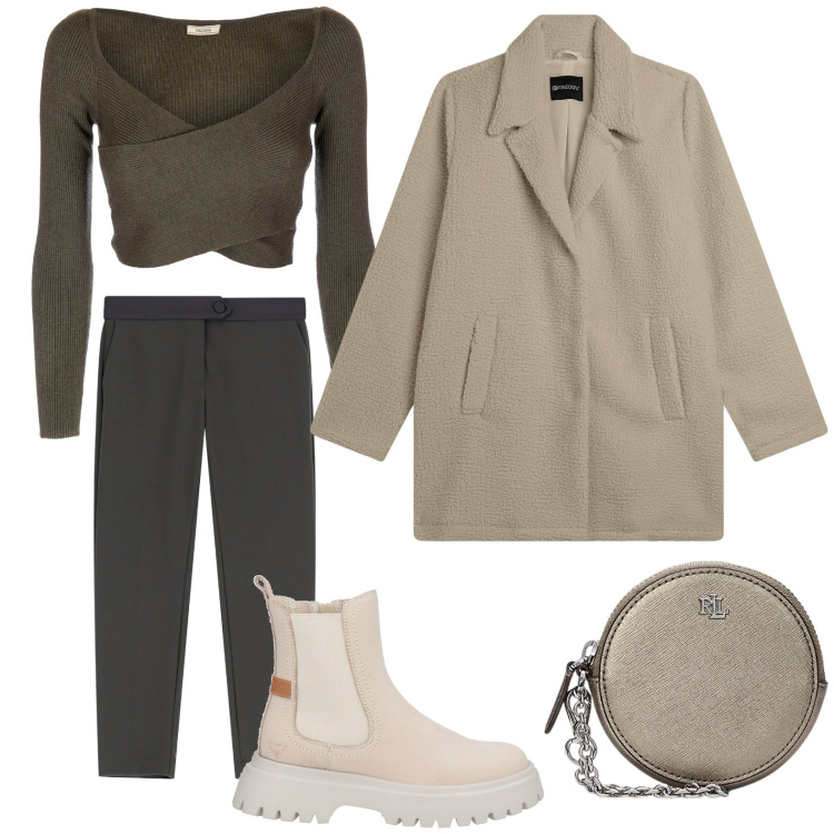 Outfit donna - Casual. Stile Trendy per Scuola/Università. Abbinamento con stivaletti, maglieria, pantaloni, cappotti, pochette.