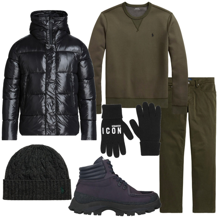Outfit uomo - it\'s raining. Stile Trendy per Ufficio. Abbinamento con stivali e stivaletti, piumini, guanti, berretti, felpe, pantaloni.