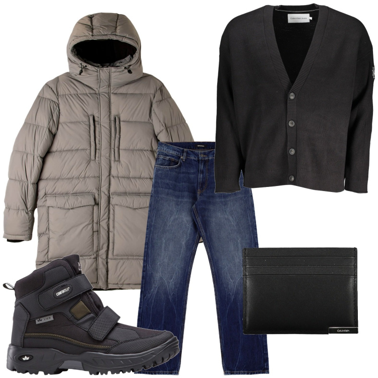 Outfit uomo - Un giorno di pioggia. Stile Urban per Ufficio. Abbinamento con stivali e stivaletti, piumini, jeans dritti, cardigans, portafogli.