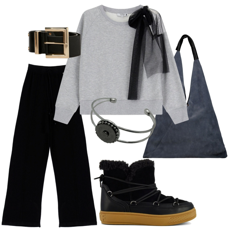 Outfit donna - Total look #1982729. Stile Casual per Tutti i giorni. Abbinamento con felpe, pantaloni, stivali da neve, borse a spalla, cinture, braccialetti.