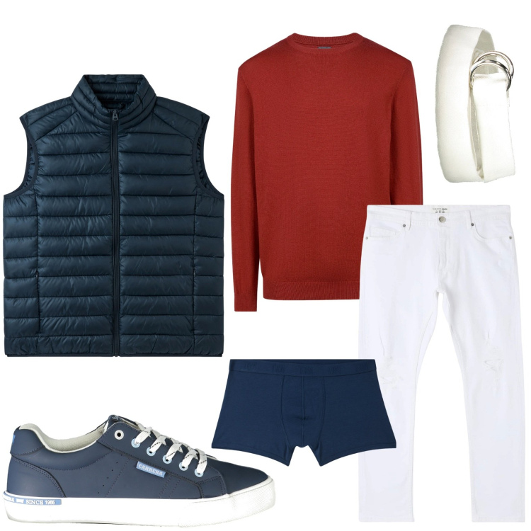 Outfit uomo - Il gilet smanicato. Stile Trendy per Tutti i giorni. Abbinamento con jeans strappati, boxer, gilet, maglieria, sneakers, cinture.