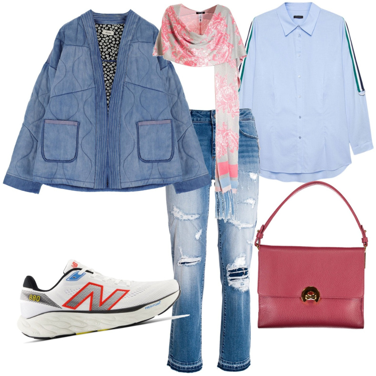 Outfit donna - Total look #1982736. Stile Casual per Tutti i giorni. Abbinamento con sneakers, stole, jeans strappati, blazer, camicie, borse a spalla.