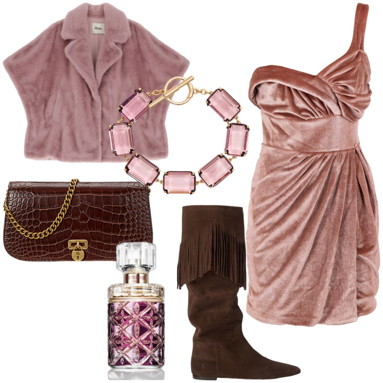 Outfit donna - Total look #1982738. Stile Chic per Serata fuori. Abbinamento con profumi, vestiti asimmetrici, stivali, borse a tracolla, braccialetti, blazer.