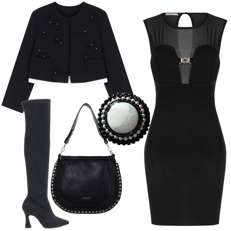 Outfit donna - Total look #1982740. Stile Chic per Serata fuori. Abbinamento con vestiti a tubino, borse a spalla, blazer, stivali, anelli.