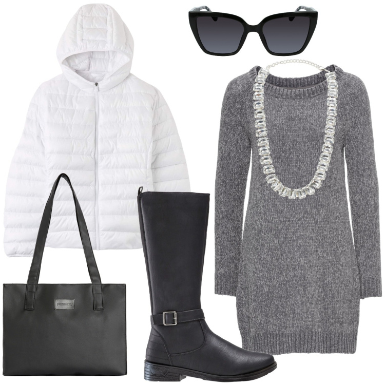 Outfit donna - Stile metropolitano. Stile Casual chic per Ufficio. Abbinamento con vestiti, stivali, blazer, collane, shopping bag, occhiali da sole.