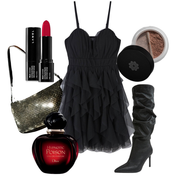 Outfit donna - In disco la notte di halloween. Stile Trendy per Serata fuori. Abbinamento con profumi, rossetti, ombretti, vestiti corti, stivali, borse a spalla.