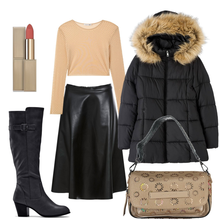 Outfit donna - Disinvolta con la gonna. Stile Glamour per Ufficio. Abbinamento con stivali, gonne, rossetti, piumini, maglieria, borse a spalla.