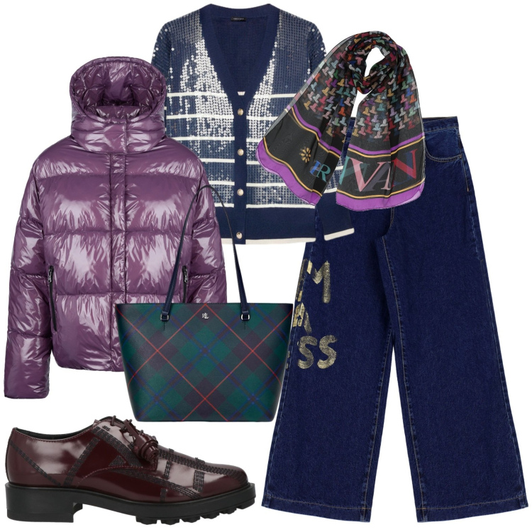 Outfit donna - Total look #1982754. Stile Casual per Tutti i giorni. Abbinamento con sciarpe, scarpe stringate, jeans, borse tote, blazer, cardigans.