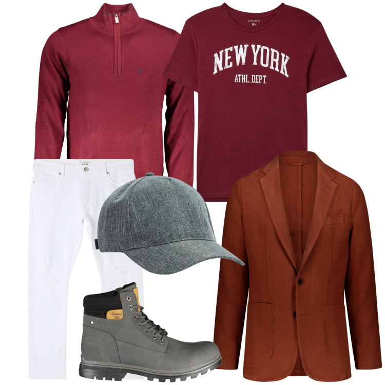 Outfit uomo - Very nice. Stile Casual per Tutti i giorni. Abbinamento con jeans strappati, cappelli, t-shirt, giacche, stivali, maglieria.