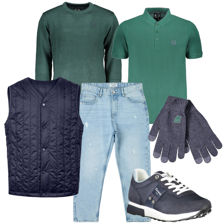 Outfit uomo - Easy. Stile Urban per Tutti i giorni. Abbinamento con jeans strappati, sneakers, maglieria, piumini, polo, guanti.