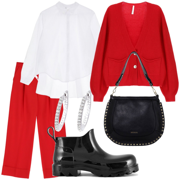 Outfit donna - Imperial - woman in red. Stile Urban per Ufficio. Abbinamento con orecchini, cardigans, pantaloni, camicie, borse a spalla, stivali.