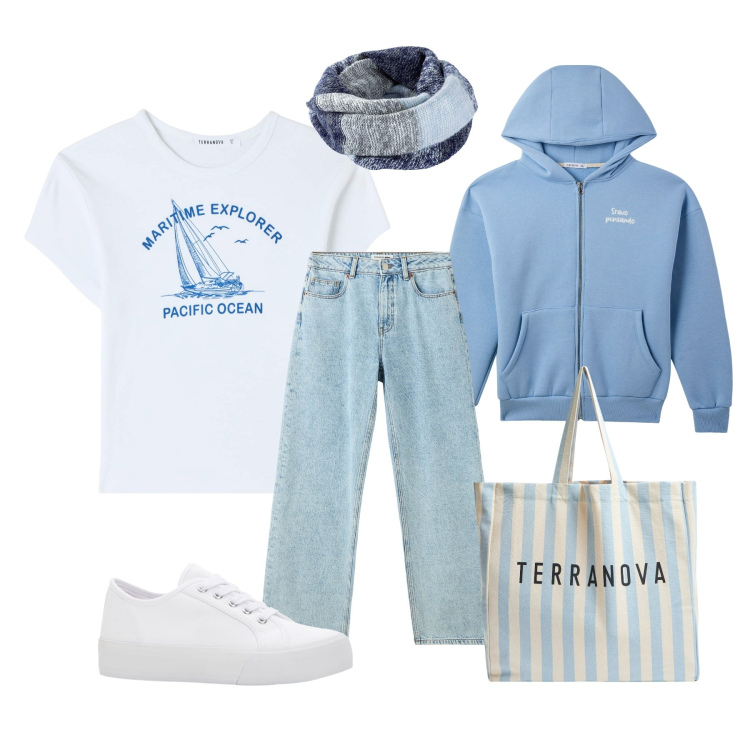 Outfit donna - Total look #1982828. Stile Minimal per Scuola/Università. Abbinamento con sneakers, foulard, felpe con cappuccio, t-shirt, borse tote, jeans.