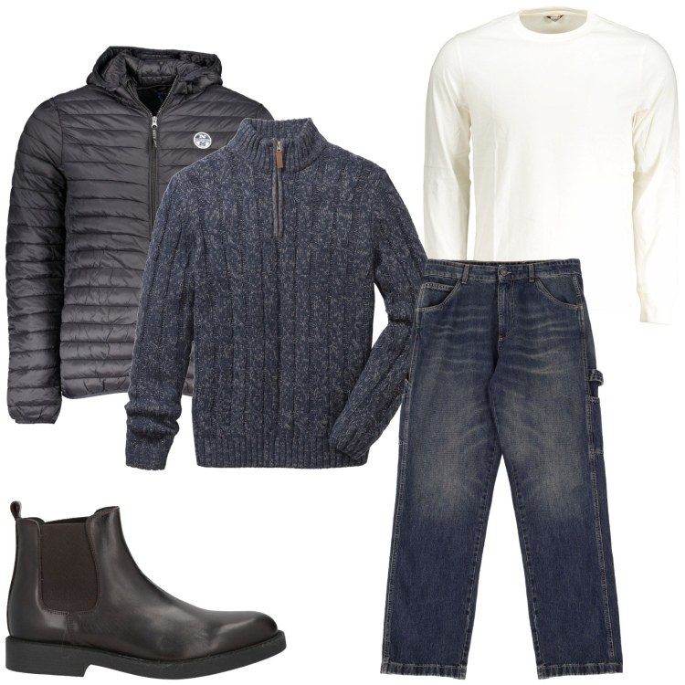 Outfit uomo - In gita fuori città. Stile Casual per Tutti i giorni. Abbinamento con maglieria, stivali e stivaletti, jeans, giacche, t-shirt.