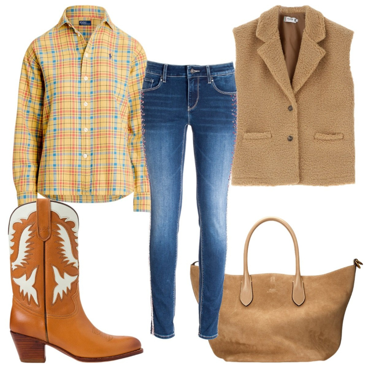 Outfit donna - In giro con gli stivaletti texani!. Stile Trendy per Tutti i giorni. Abbinamento con jeans skinny, gilet, stivali, borse tote, camicie.