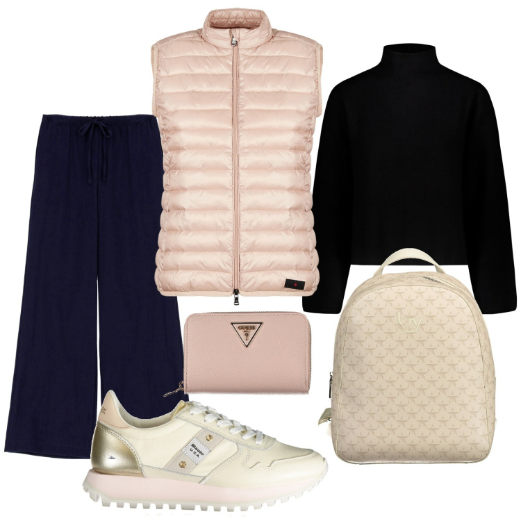 Outfit donna - Total look #1982871. Stile Casual per Tutti i giorni. Abbinamento con pantaloni a palazzo, piumini, maglieria, sneakers, zaini, portafogli.