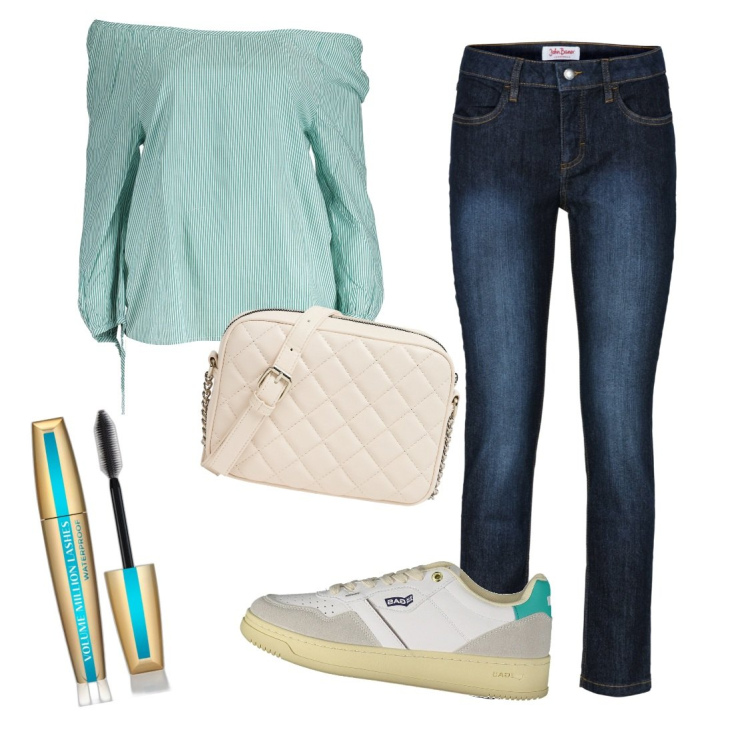 Outfit donna - La mattina in città. Stile Casual per Tutti i giorni. Abbinamento con jeans slim fit, mascara, borse a tracolla, maglieria, sneakers.