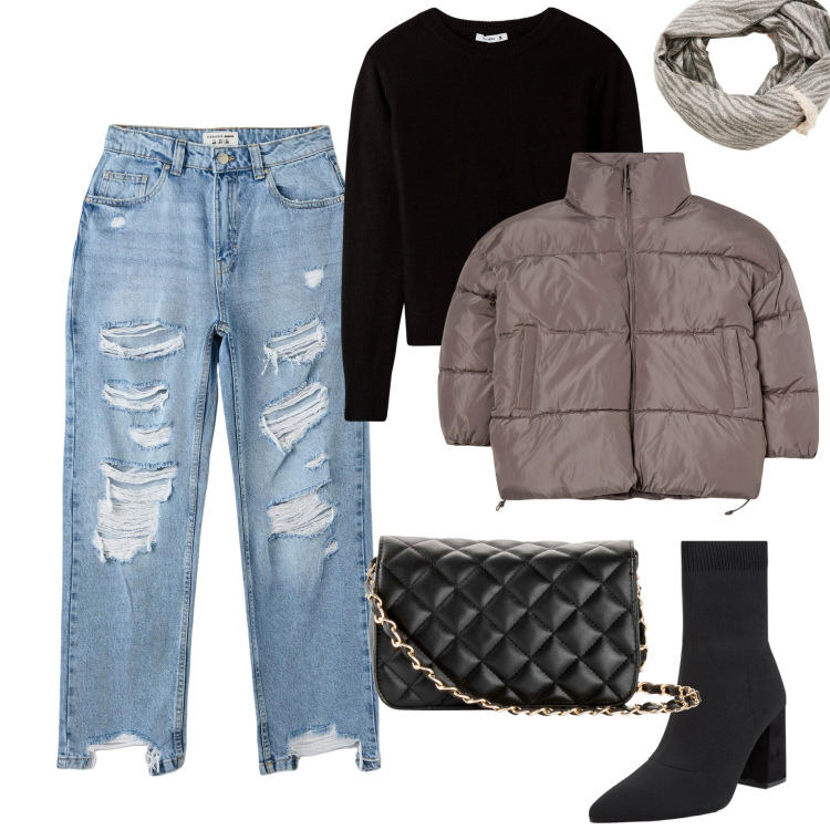 Outfit donna - Ottobre. Stile Urban per Tutti i giorni. Abbinamento con borse a tracolla, maglieria, stivaletti, blazer, jeans dritti, sciarpe.