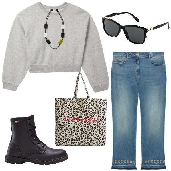 Outfit donna - the jeans...sempre. Stile Casual per Scuola/Università. Abbinamento con occhiali da sole, stivaletti, shopping bag, felpe, jeans, collane.