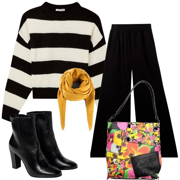 Outfit donna - Autunno bianco e nero. Stile Urban per Tutti i giorni. Abbinamento con foulard, maglieria, pantaloni, stivaletti, borse a spalla.