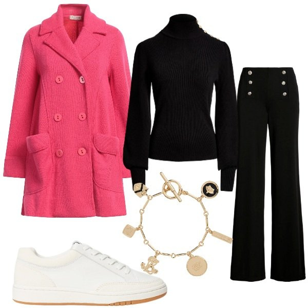 Outfit donna - sneakers al lavoro. Stile Casual per Tutti i giorni. Abbinamento con cappotti, maglieria, sneakers, pantaloni, braccialetti con ciondoli.