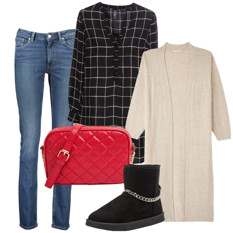 Outfit donna - Skinny e cardigan. Stile Urban per Tutti i giorni. Abbinamento con bluse, stivaletti, cardigans, borse a tracolla, jeans.