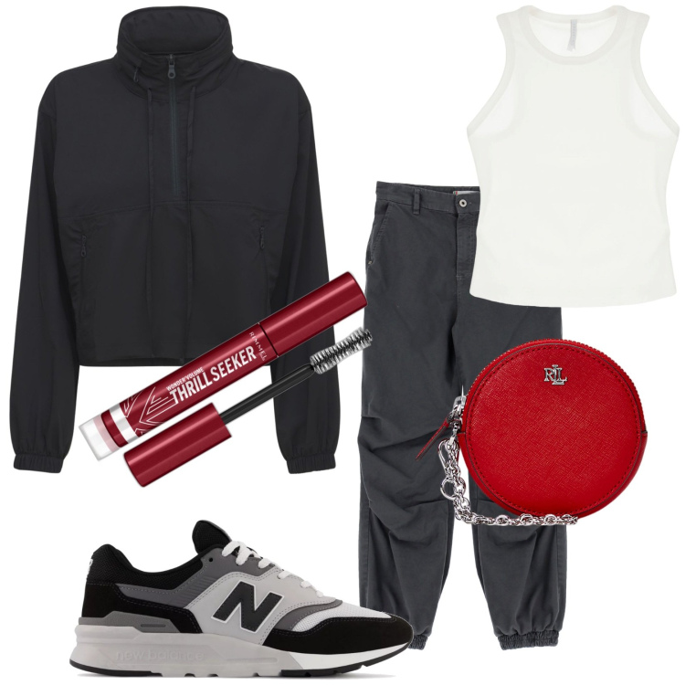 Outfit donna - Controvento. Stile Urban per Tutti i giorni. Abbinamento con mascara, sneakers, pantaloni, top, pochette, blazer.