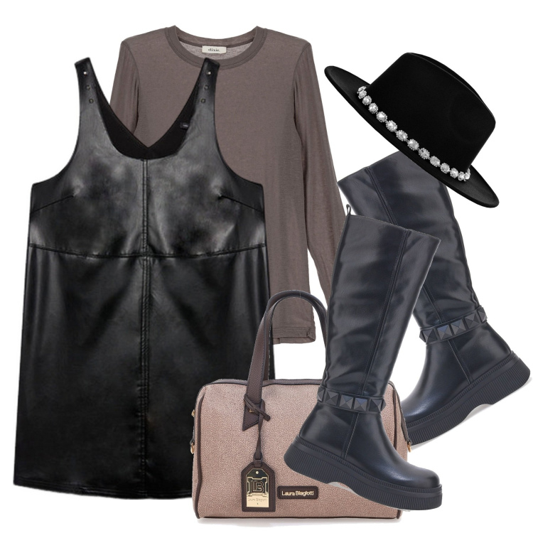 Outfit donna - Vestito e stivali. Stile Urban per Tutti i giorni. Abbinamento con cappelli, maglieria, stivali sopra il ginocchio, vestiti corti, borse a mano.