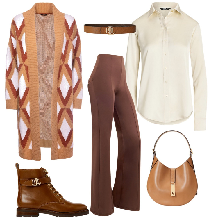 Outfit donna - Lunedì in ufficio. Stile Casual per Ufficio. Abbinamento con cardigans, pantaloni skinny, cinture, borse a spalla, camicie, stivaletti.