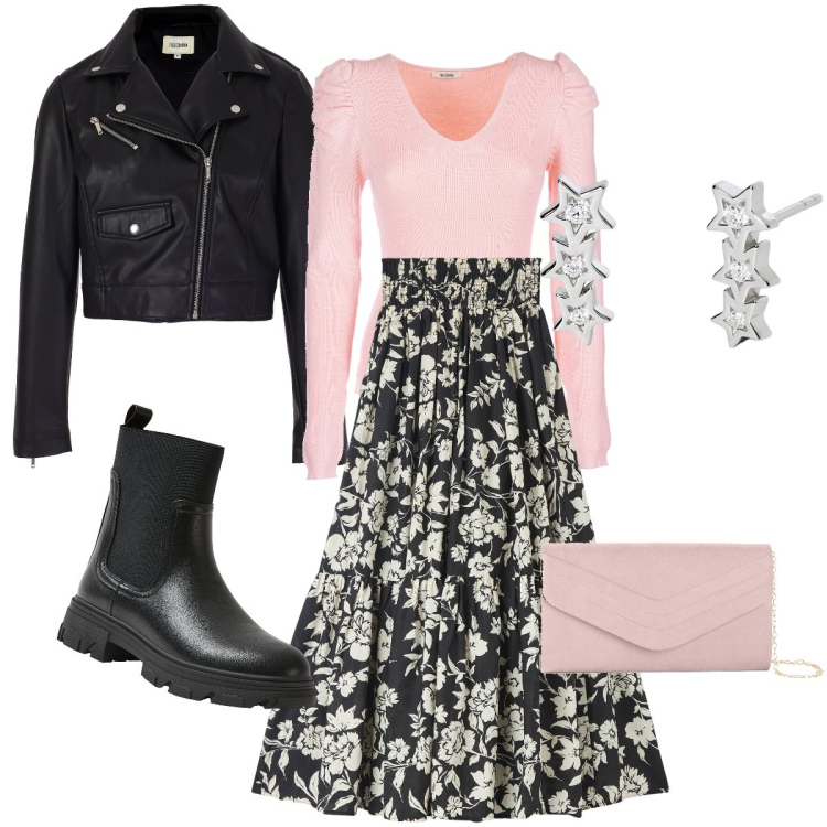 Outfit donna - Fiori rock. Stile Rock per Serata fuori. Abbinamento con pochette, gonne lunghe, stivaletti chelsea, orecchini, blazer, maglieria.