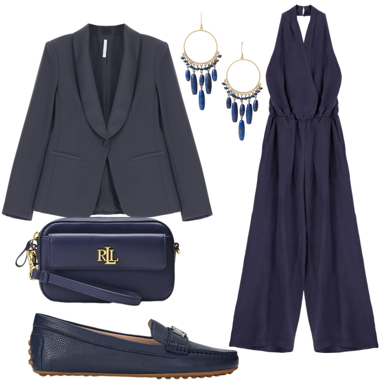 Outfit donna - Total blu. Stile Casual chic per Serata fuori. Abbinamento con blazer, tute, mocassini, pochette, orecchini.