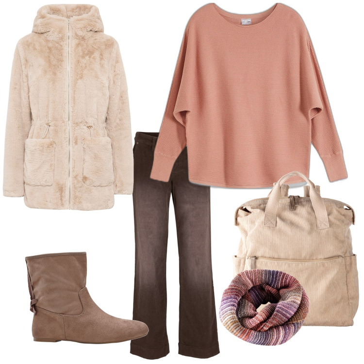 Outfit donna - Total look #1982959. Stile Casual per Scuola/Università. Abbinamento con maglieria, ecopellicce, zaini, stivaletti, pantaloni, foulard.