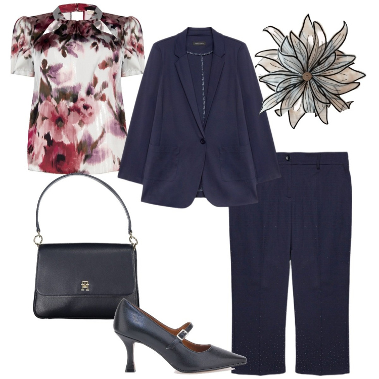 Outfit donna - Blusa romantica sopra la 50. Stile Casual chic per Cerimonia. Abbinamento con bluse, décolleté, pantaloni, blazer, anelli, borse a spalla.