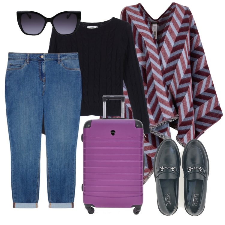 Outfit donna - Week and, si parte. Stile Casual chic per Tutti i giorni. Abbinamento con pullovers, cappe, mocassini, valigie, jeans, occhiali da sole.