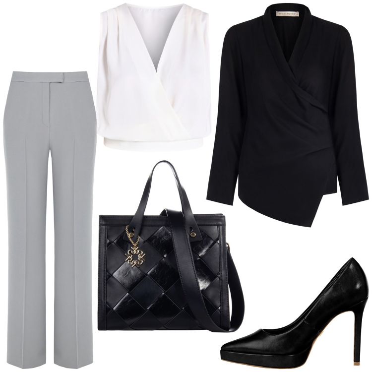Outfit donna - Total look #1982990. Stile Chic per Ufficio. Abbinamento con top, bluse, pantaloni a palazzo, borse a mano, décolleté.