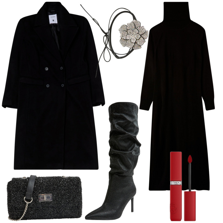 Outfit donna - Halloween Terranova. Stile Rock per Serata fuori. Abbinamento con rossetti, vestiti lunghi, cappotti, stivali, collane, borse a tracolla.