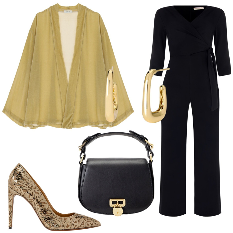 Outfit donna - Ocra e jumpsuit. Stile Chic per Cerimonia. Abbinamento con orecchini, tute, blazer, borse a tracolla, décolleté.