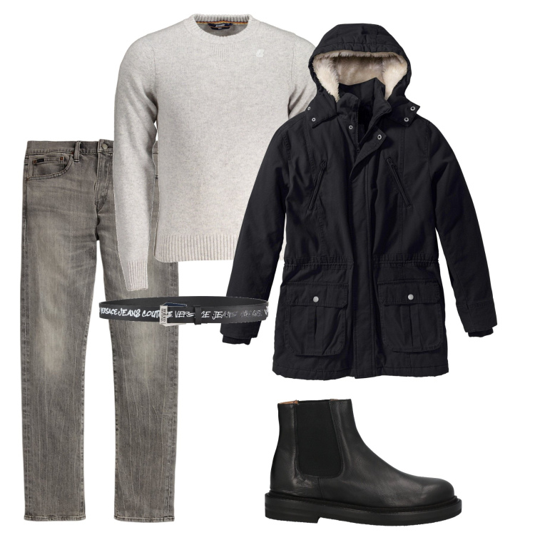 Outfit uomo - Con il parka. Stile Trendy per Tutti i giorni. Abbinamento con parka, stivali e stivaletti, cinture, jeans, maglieria.