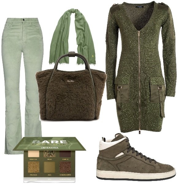 Outfit donna - Cardigan laminato. Stile Urban per Tutti i giorni. Abbinamento con sneakers alte, pantaloni, ombretti, cardigans, sciarpe, borse a mano.