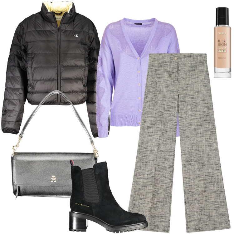 Outfit donna - Con il bomber. Stile Casual chic per Scuola/Università. Abbinamento con fondotinta, cardigans, pantaloni, blazer, stivaletti, borse a spalla.