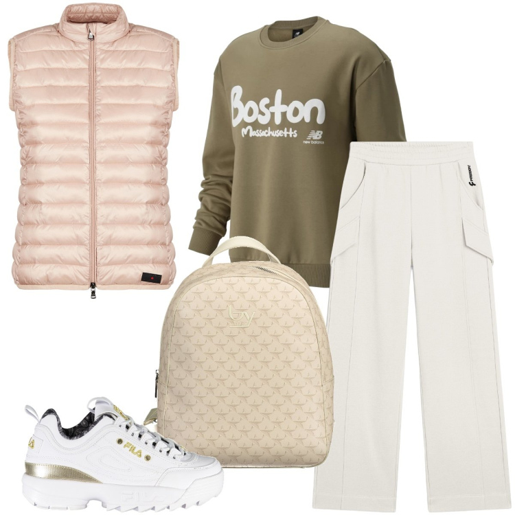 Outfit donna - Lo smanicato rosa. Stile Sporty chic per Sport. Abbinamento con felpe, pantaloni, piumini, sneakers, zaini.