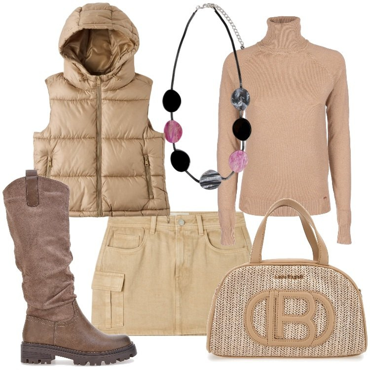 Outfit donna - Grintosa. Stile Casual chic per Serata fuori. Abbinamento con minigonne, piumini, maglieria, stivali, borse a mano, collane.