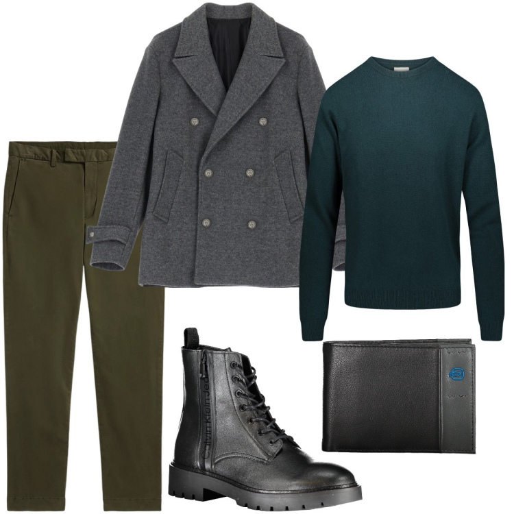 Outfit uomo - Il cappottino grigio. Stile Business/Elegante per Serata speciale. Abbinamento con giacche, pantaloni, maglieria, stivali, portafogli.