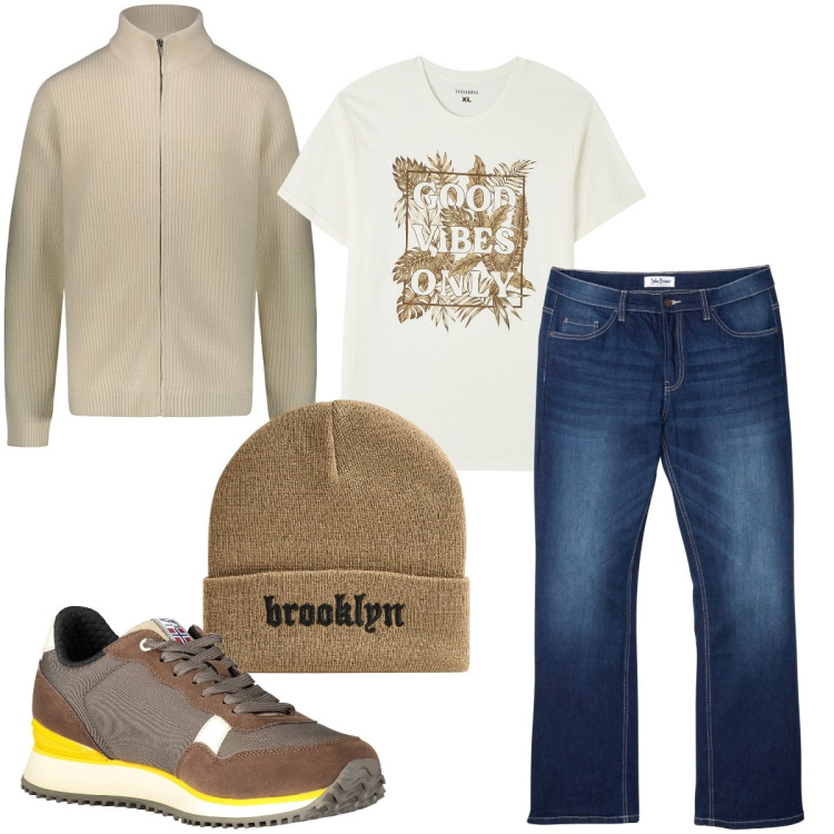 Outfit uomo - Alla fiera dei funghi. Stile Casual per Tutti i giorni. Abbinamento con jeans bootcut, berretti, t-shirt, sneakers, cardigans.