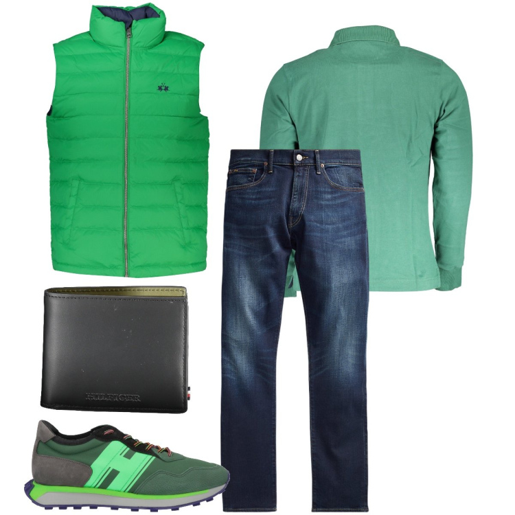 Outfit uomo - Tonalità di verde. Stile Urban per Tutti i giorni. Abbinamento con sneakers, jeans, giacche, polo, portafogli.