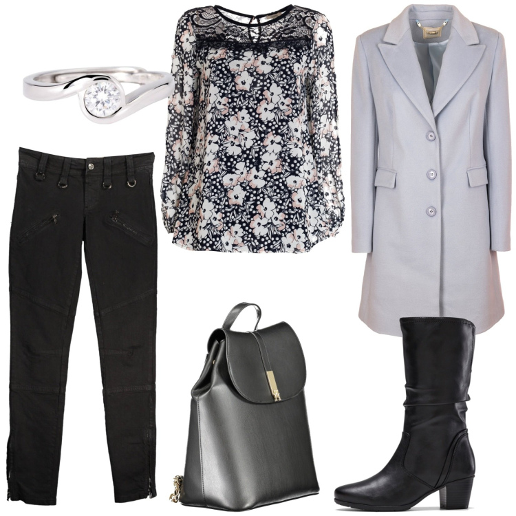 Outfit donna - Facciamo una riunione. Stile Bon Ton per Ufficio. Abbinamento con stivali, anelli, bluse, cappotti, zaini, pantaloni.
